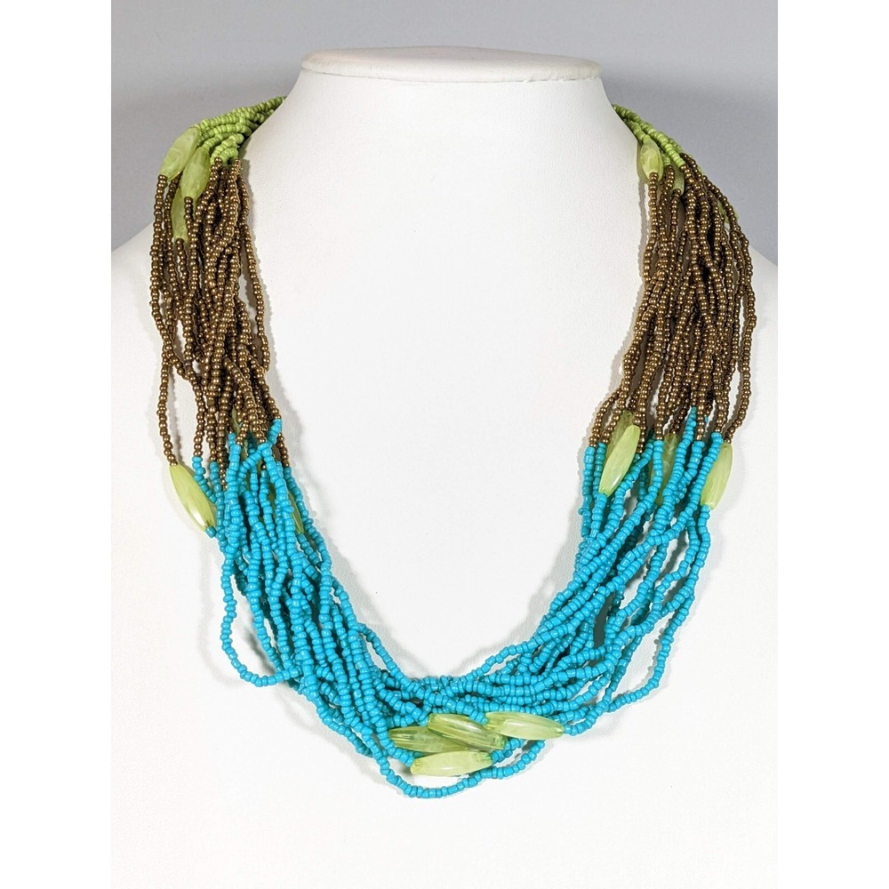 Boho Tribal Multi Strand Bead Necklace Blue Green Bronze Statement 26"